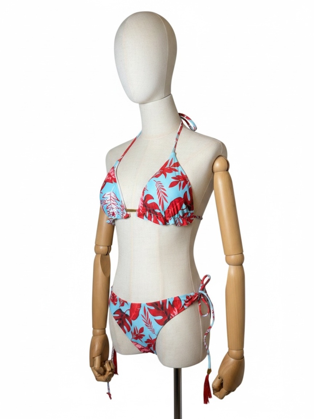 Triangle Tie Bikini in Light Blue with Red Leaf Print 1807